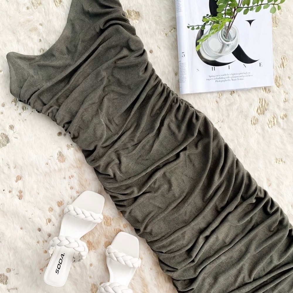 Olive Green Ruched Midi  Dress